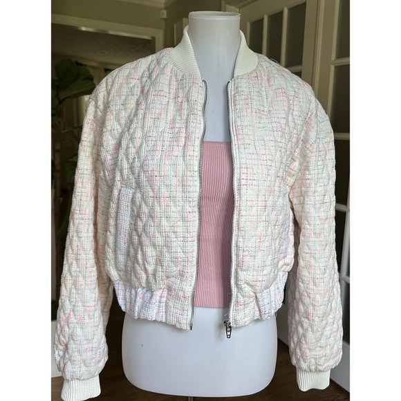 BLANKNYC Tweed Bomber Jacket Medium White Multicolor Zip Up Textured Womens $128 - Picture 5 of 13